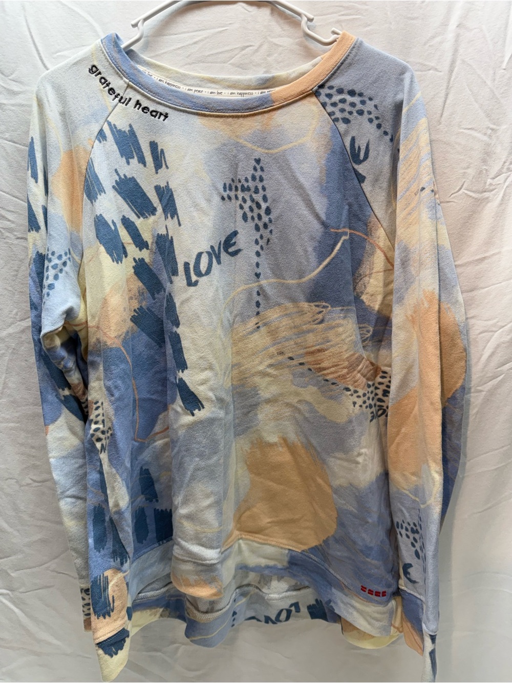 Peace Love World Grateful Heart Abstract Sweatshirt Top Small Blue Boho